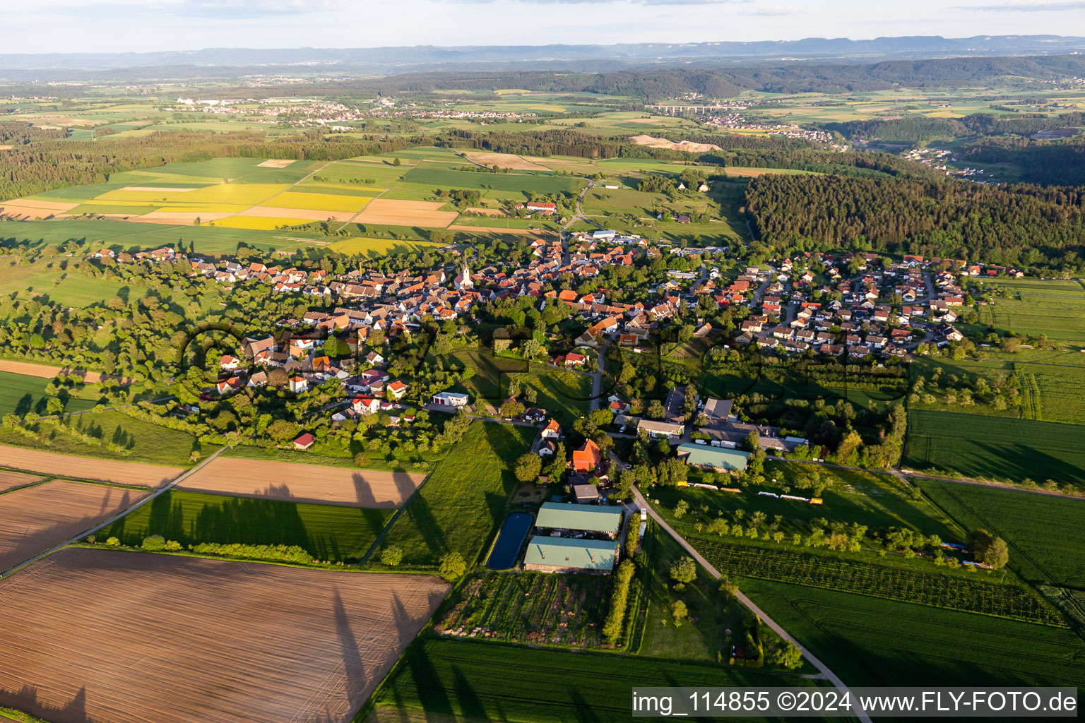 Vue aérienne de Les zones forestières et les zones forestières entourent la zone d'habitation du village en Betra à le quartier Betra in Horb am Neckar dans le département Bade-Wurtemberg, Allemagne