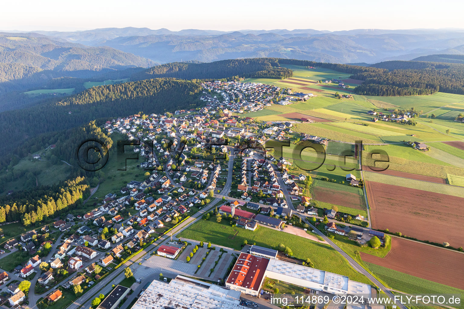 Vue aérienne de Des zones forestières et des zones forestières entourent la zone d'habitation du village à le quartier Dörfle in Aichhalden dans le département Bade-Wurtemberg, Allemagne