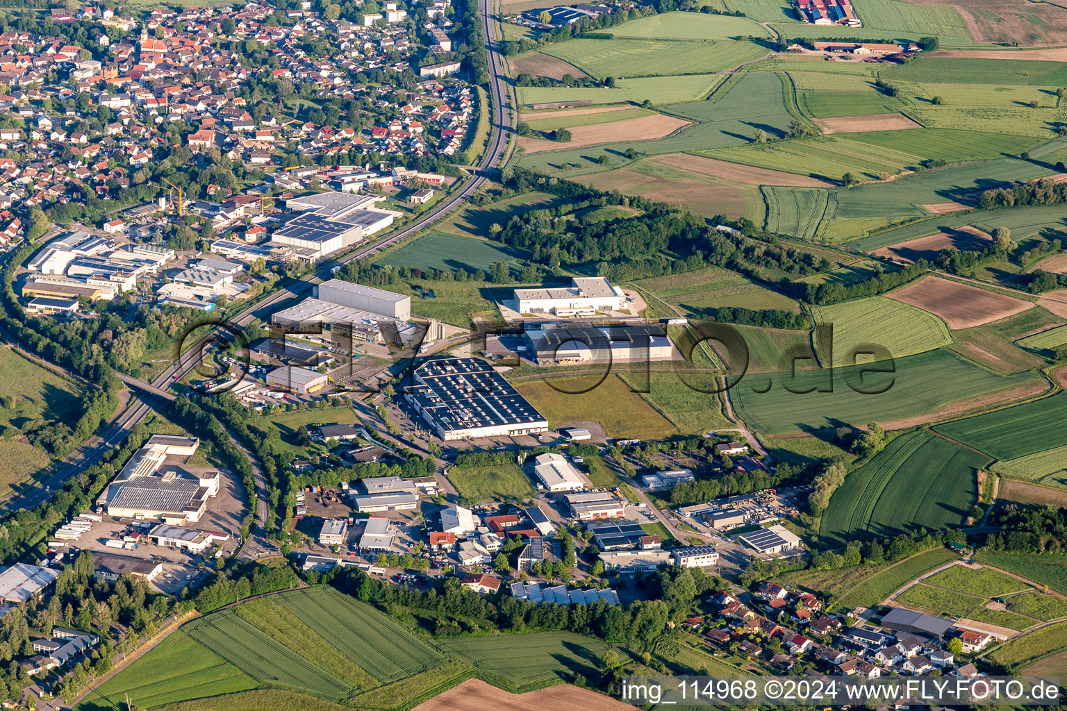 Vue aérienne de Zone industrielle et commerciale Im Lossenfeld avec Lackmann Fleisch- und Feinkostfabrik GmbH, Philipp Kirsch GmbH, W. Armbruster Teigwarenfabrik GmbH, TBV Kühlfahrzeug GmbH et ORSAY GmbH à Willstätt dans le département Bade-Wurtemberg, Allemagne