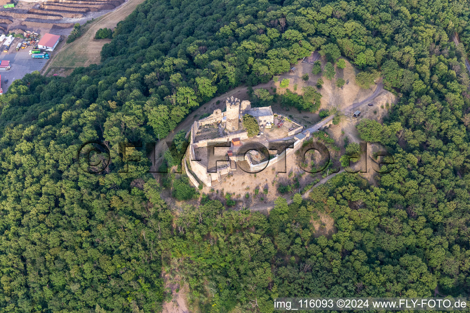 Photographie aérienne de Ruines et vestiges des murs de l'ancien complexe du château et forteresse de Mühlburg dans le quartier de Mühlberg à Drei Gleichen dans le département Thuringe, Allemagne