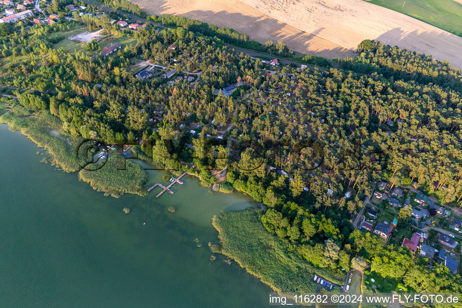 Vue aérienne de Camping au bord du lac Oberuckersee à le quartier Warnitz in Flieth-Stegelitz dans le département Brandebourg, Allemagne