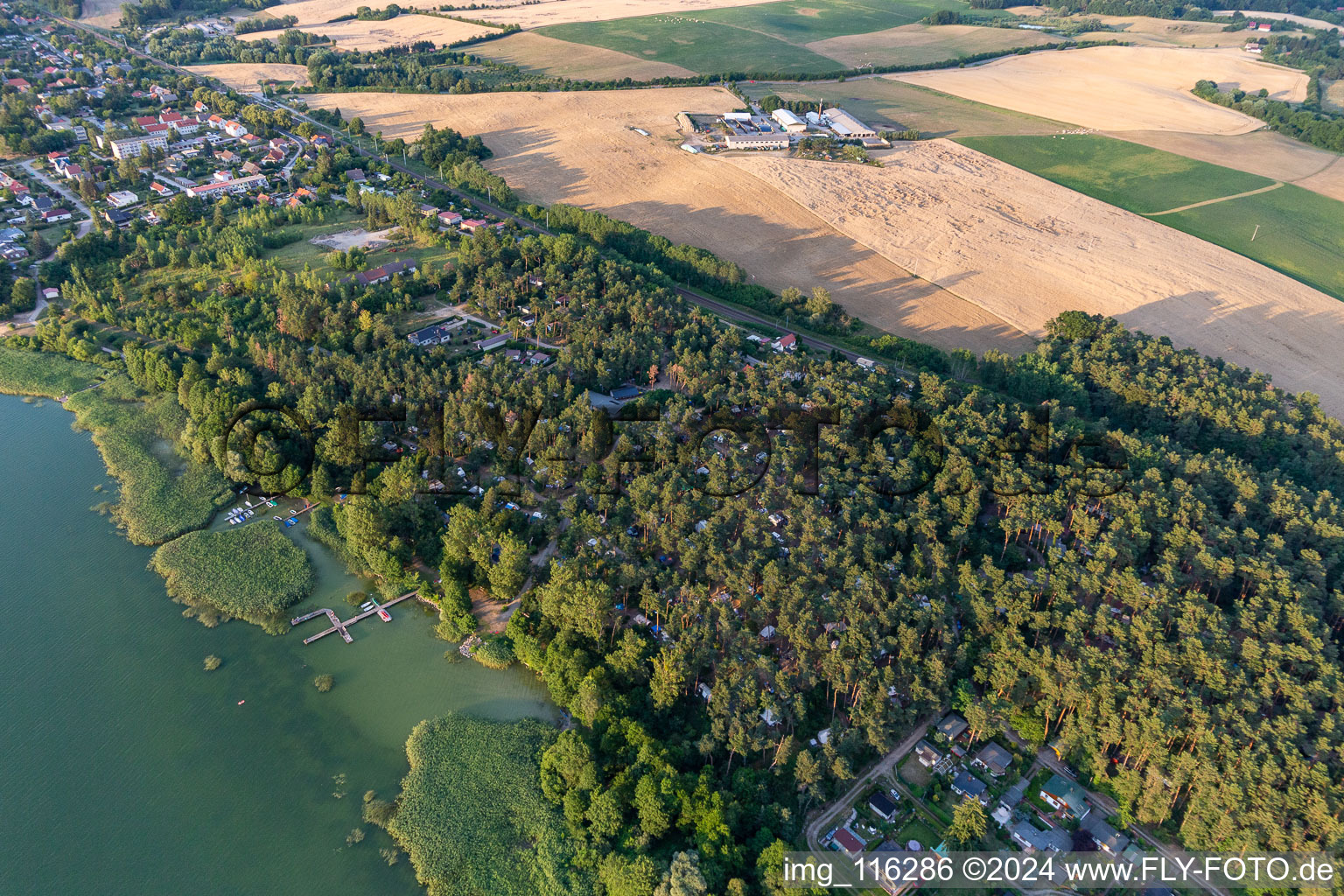 Photographie aérienne de Camping au bord du lac Oberuckersee à le quartier Warnitz in Flieth-Stegelitz dans le département Brandebourg, Allemagne