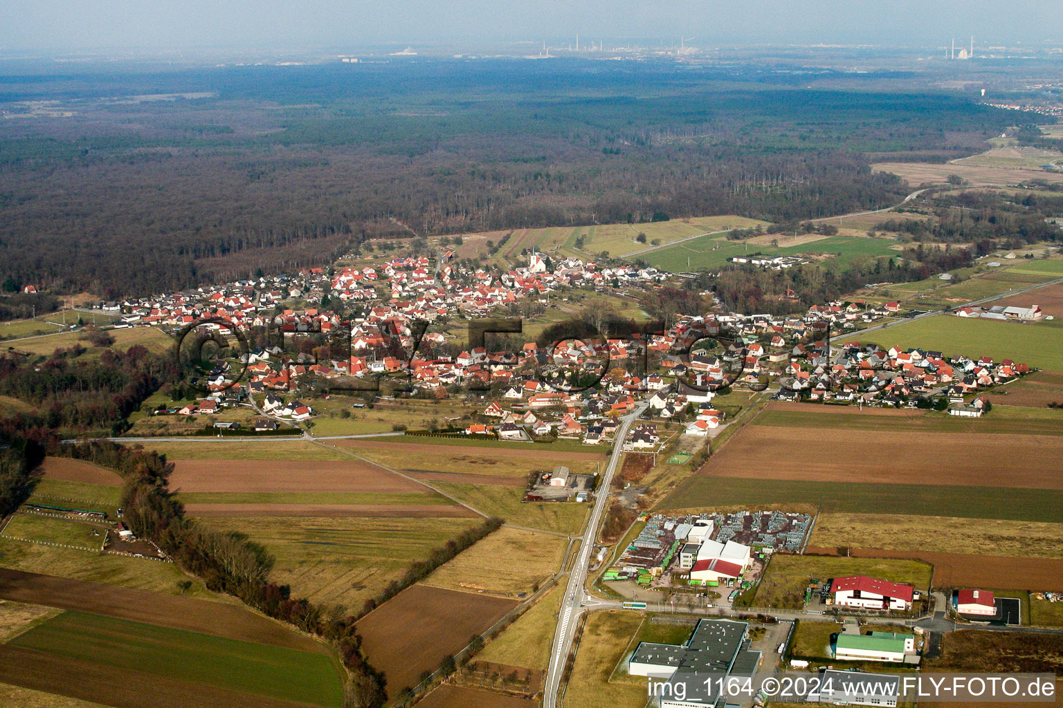 Vue aérienne de Scheibenhardt du sud-ouest à Scheibenhard dans le département Bas Rhin, France