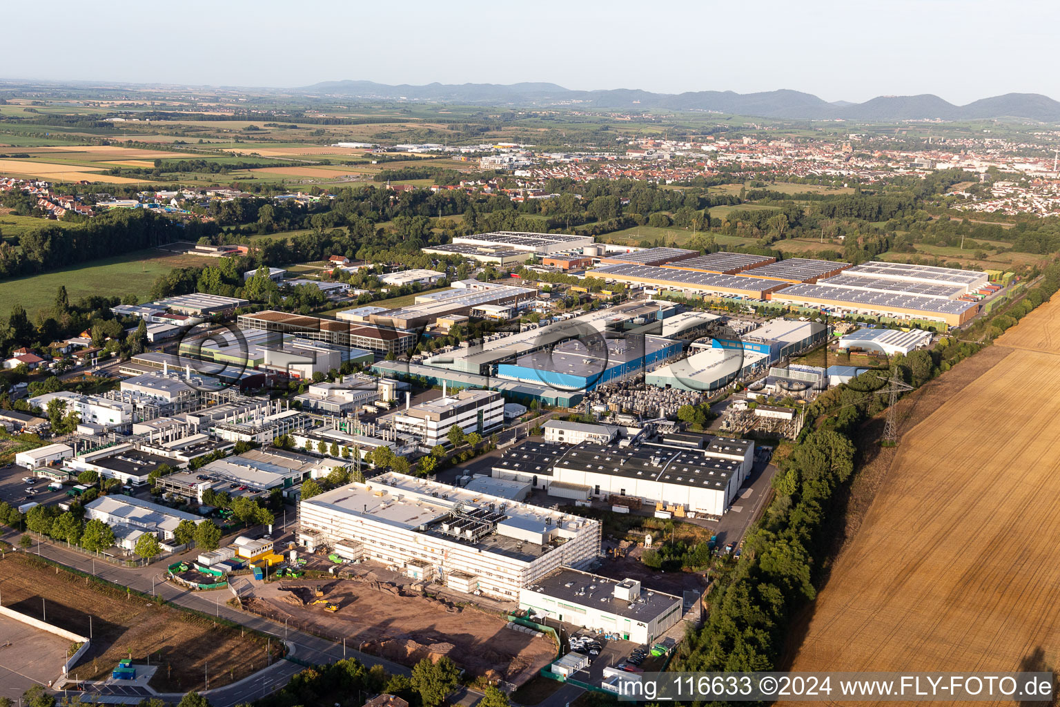 Vue aérienne de Zone industrielle et commerciale Landau Ost avec Michelin Reifenwerke et APL Automobil-Prüftechnik Landau GmbH à Landau in der Pfalz dans le département Rhénanie-Palatinat, Allemagne