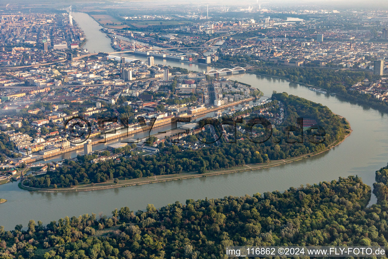 Vue aérienne de Parc urbain de l'île Park sur le Rhin à le quartier Süd in Ludwigshafen am Rhein dans le département Rhénanie-Palatinat, Allemagne