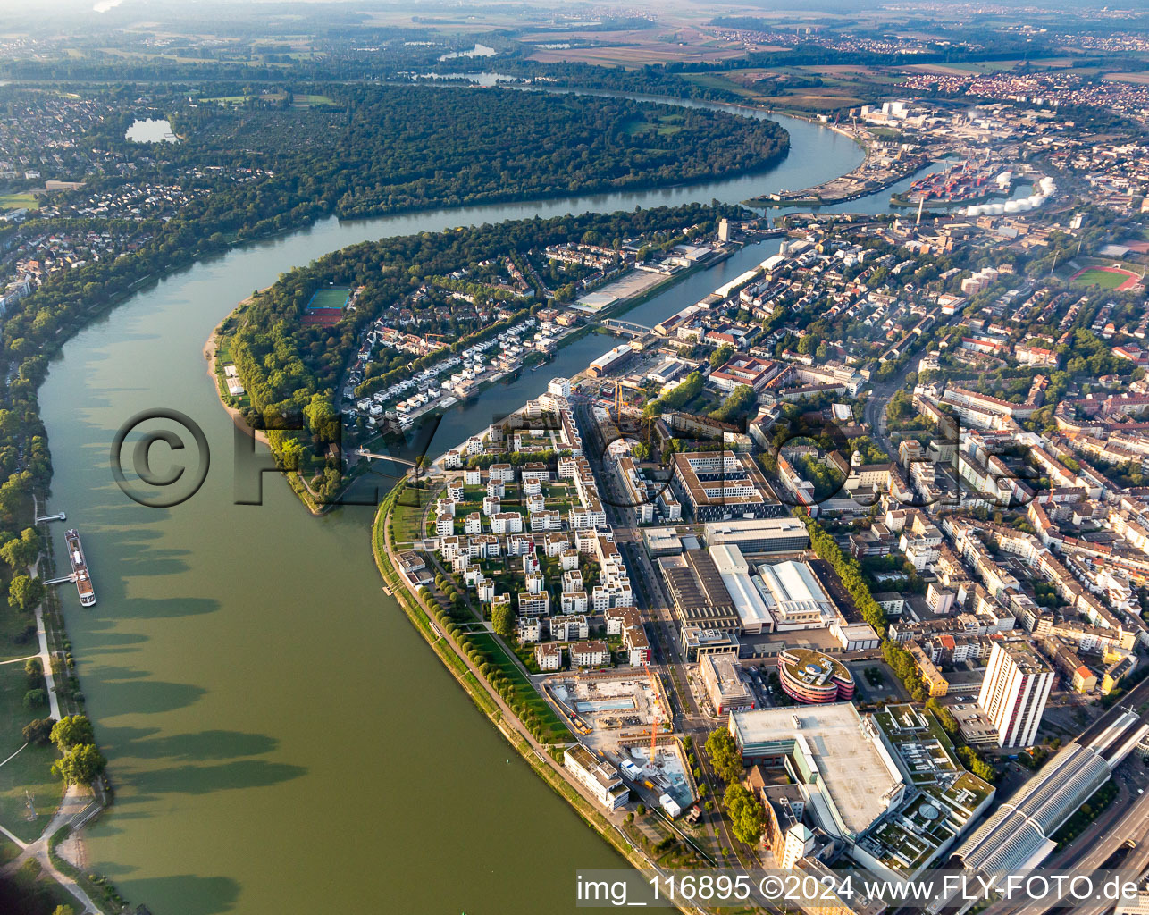 Vue oblique de Quartier résidentiel du lotissement collectif sur la promenade du Rhin - Rheinallee à le quartier Süd in Ludwigshafen am Rhein dans le département Rhénanie-Palatinat, Allemagne