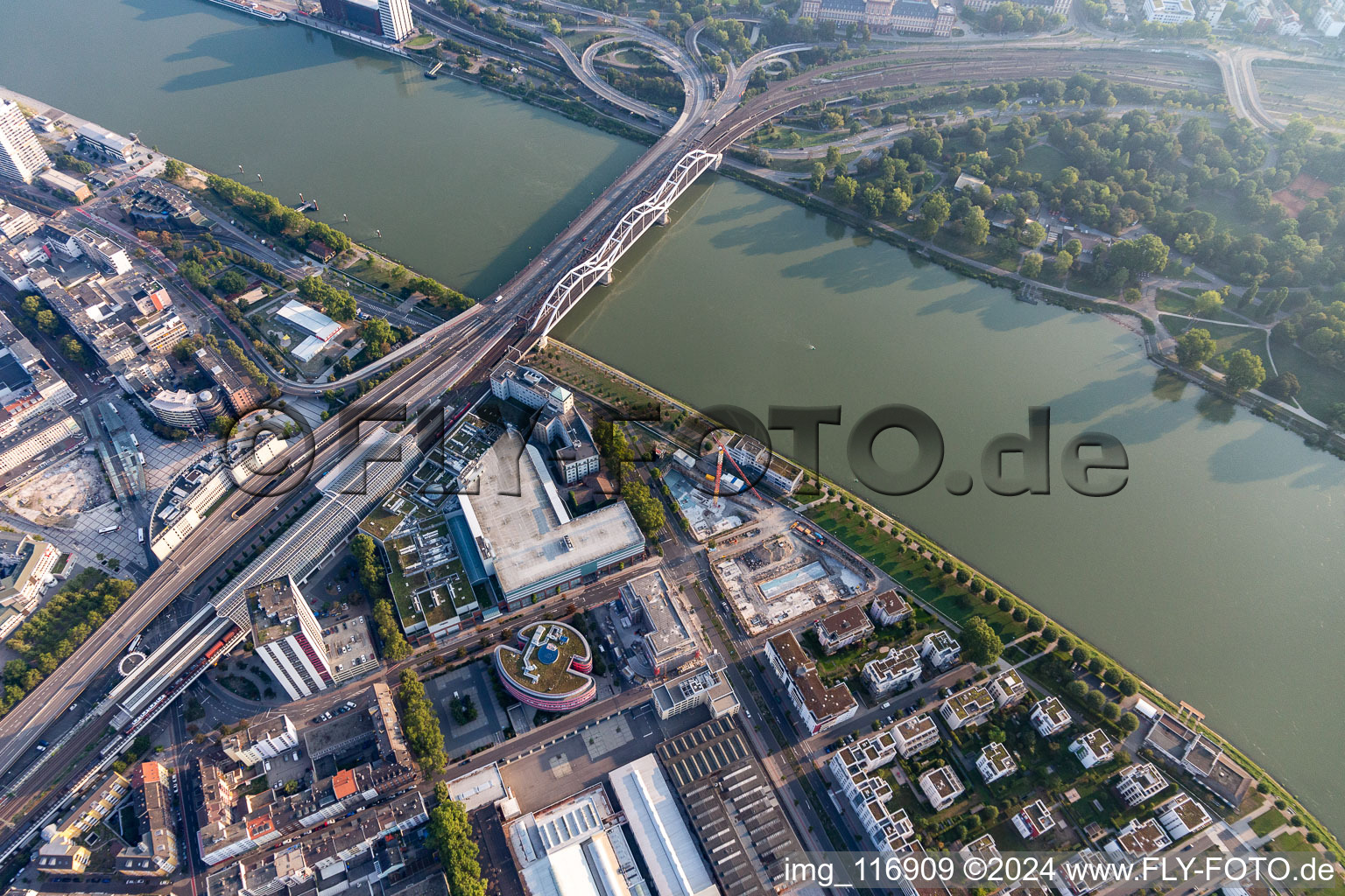 Vue aérienne de Pont Konradadenauer pour les trains et la B37 sur le Rhin à le quartier Süd in Ludwigshafen am Rhein dans le département Rhénanie-Palatinat, Allemagne