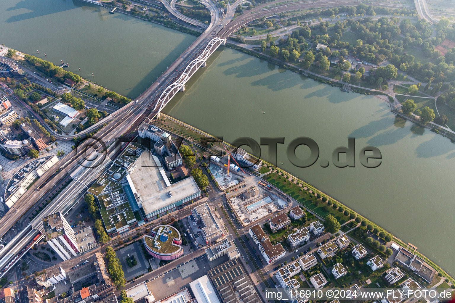 Vue aérienne de Fleuve - Ouvrage du pont Konradadenauer pour le chemin de fer et la B37 sur le Rhin à le quartier Süd in Ludwigshafen am Rhein dans le département Rhénanie-Palatinat, Allemagne