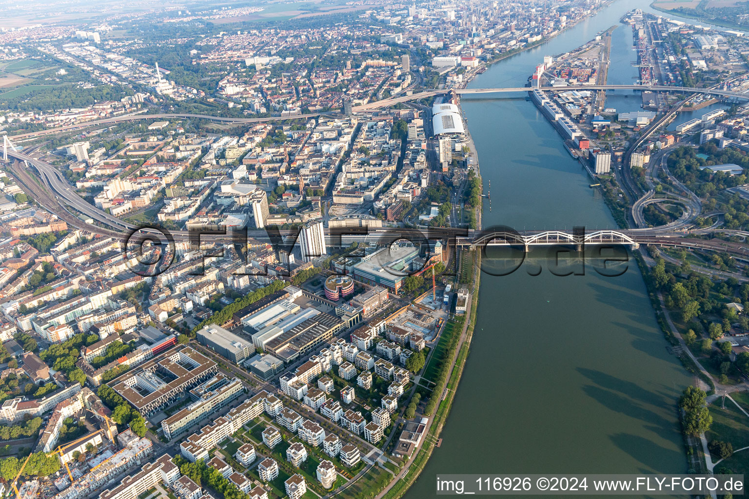 Vivre au bord de la rivière, Rheinschanzenpromenade à le quartier Süd in Ludwigshafen am Rhein dans le département Rhénanie-Palatinat, Allemagne hors des airs