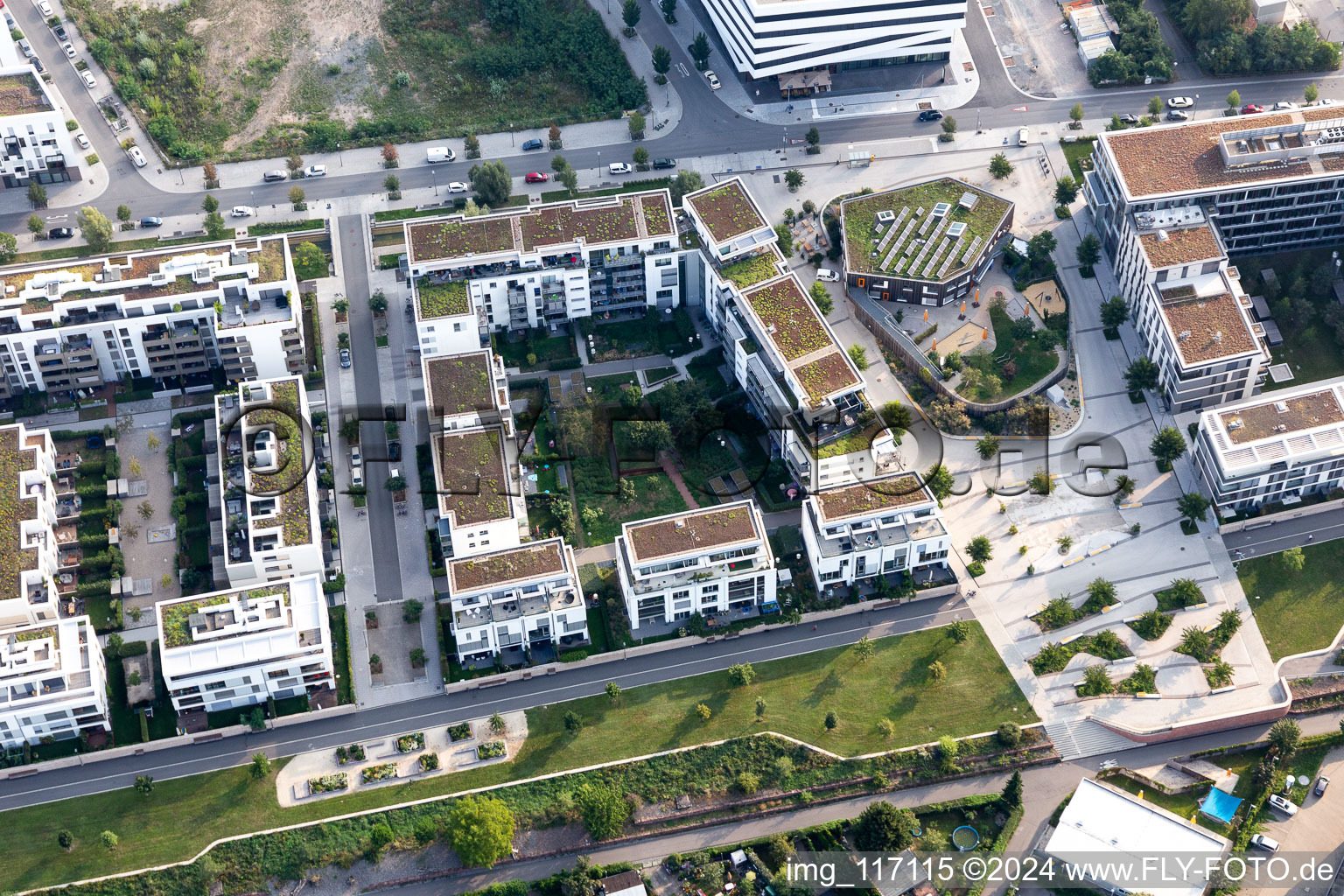 Vue oblique de Quartier résidentiel du lotissement multifamilial de la Marie-Baum-Straße - Grüne Meile - Eppelheimer Straße à le quartier Bahnstadt in Heidelberg dans le département Bade-Wurtemberg, Allemagne