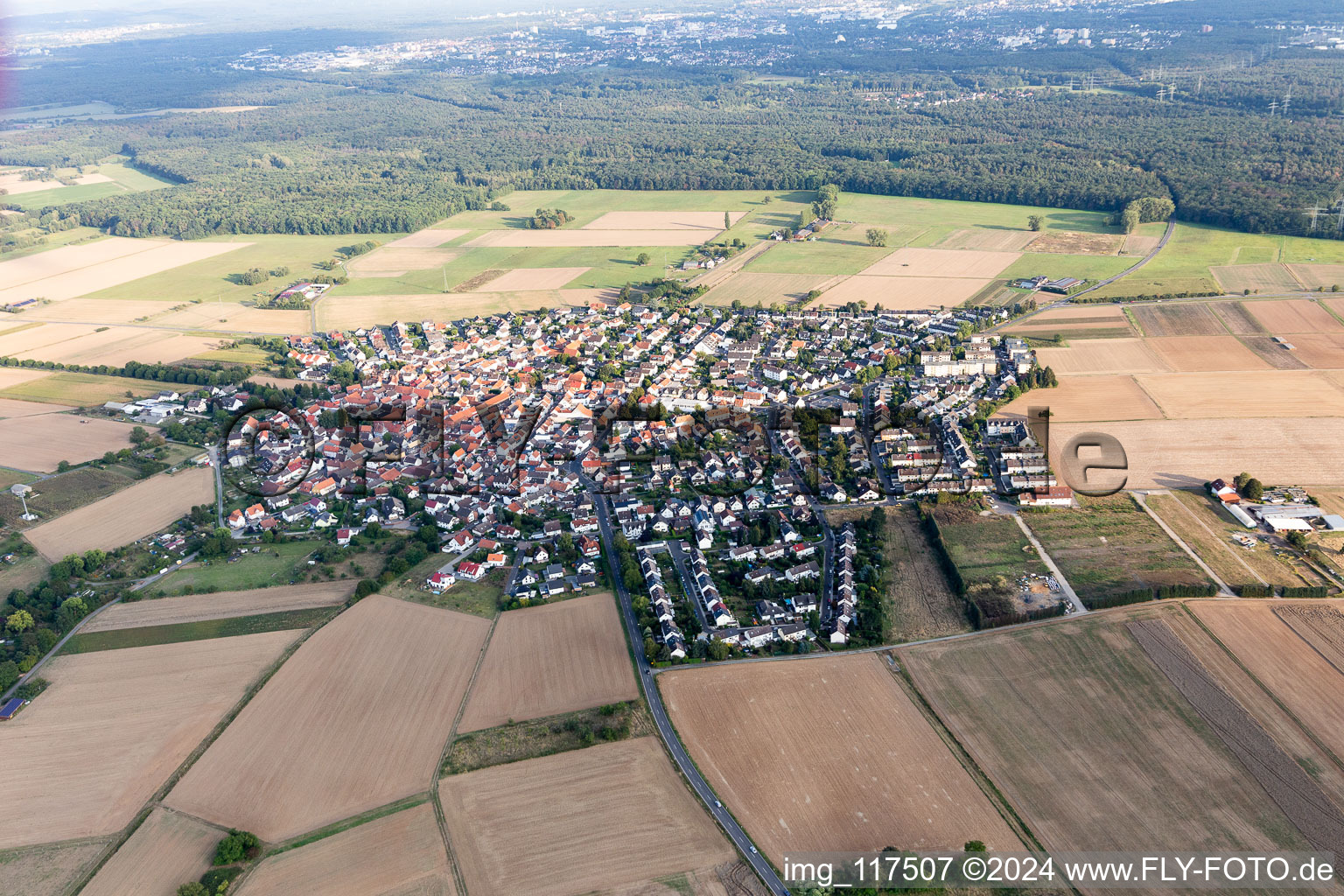 Vue aérienne de Les zones forestières et les zones forestières entourent la zone d'habitation du village en Wachenbuchen à le quartier Wachenbuchen in Maintal dans le département Hesse, Allemagne