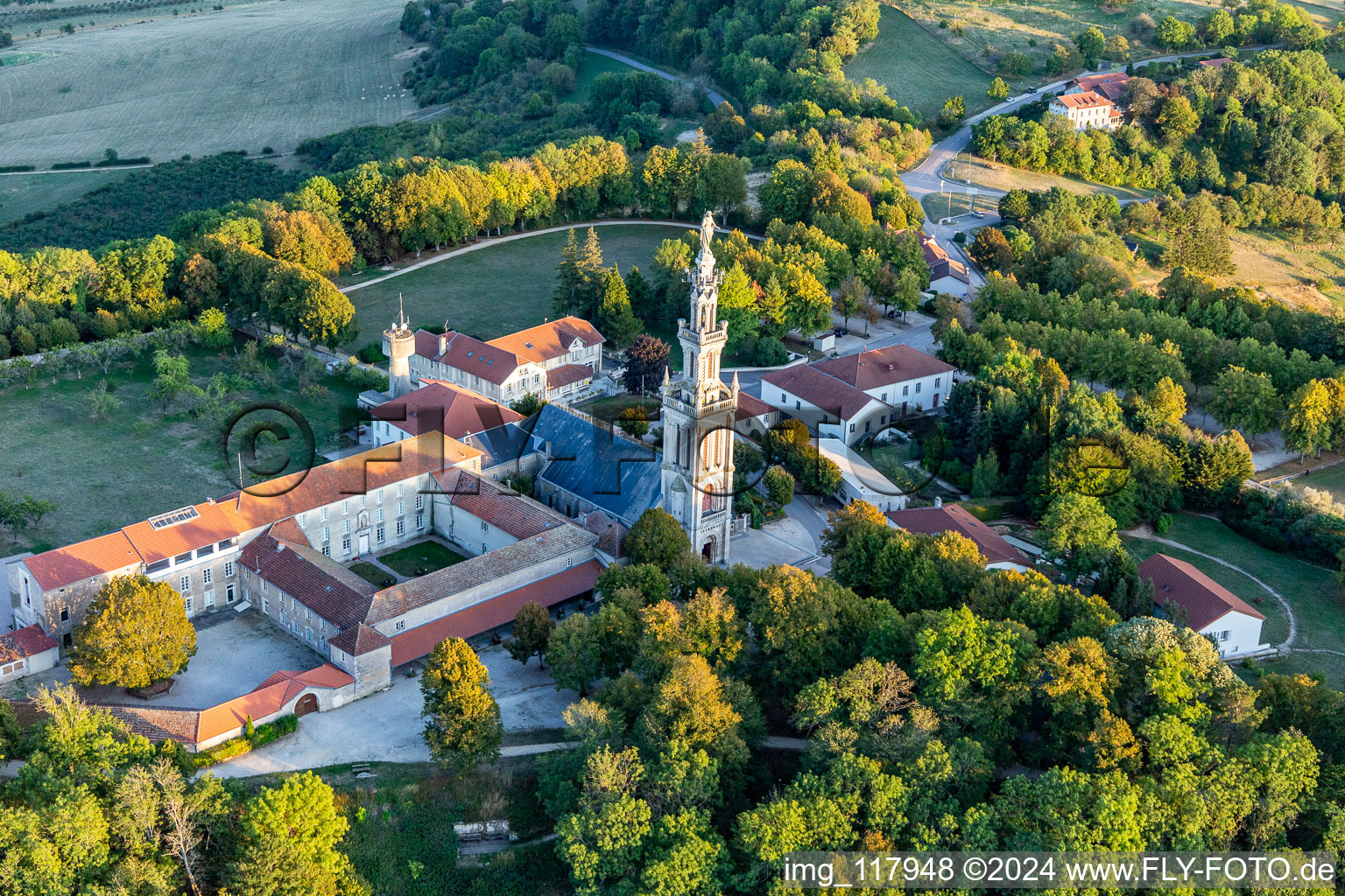 Vue aérienne de Tour et Basilique Notre-Dame de Sion sur la colline de pèlerinage Site de la Colline de Sion-Vaudémont à Saxon-Sion dans le département Meurthe et Moselle, France