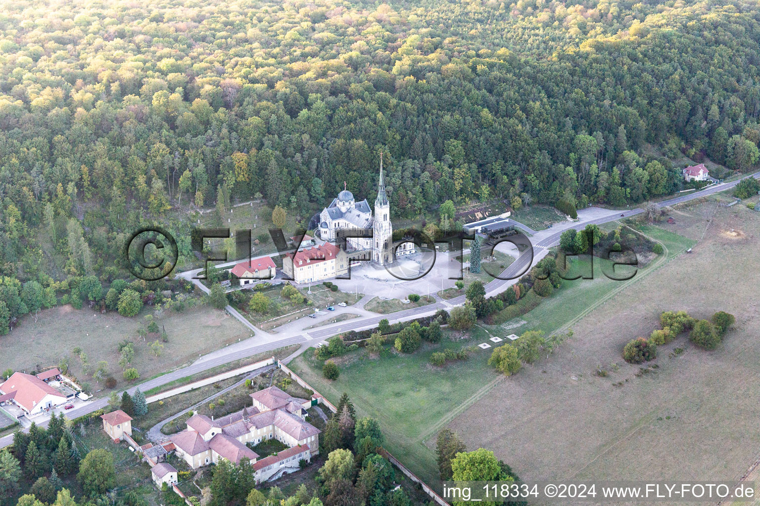 Vue aérienne de Basilique du Bois Chenu à Domrémy-la-Pucelle dans le département Vosges, France