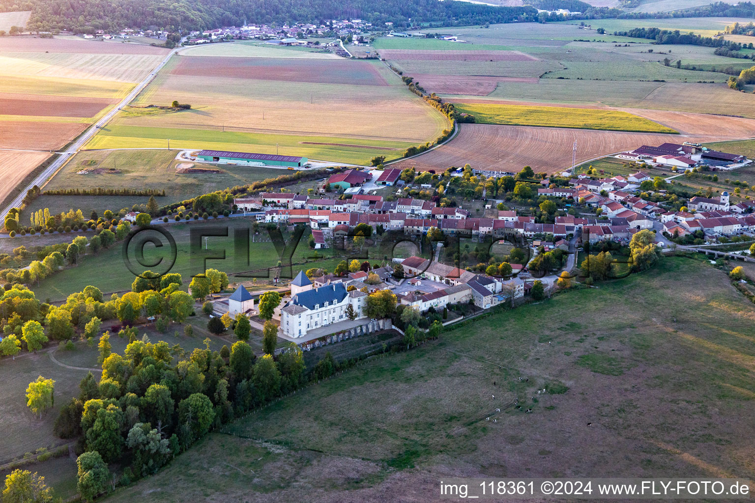 Vue aérienne de Château de Montbras avec Hostellerie de L'Isle en Bray à Montbras à Champougny dans le département Meuse, France