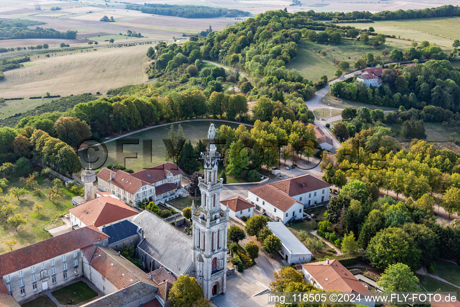 Vue aérienne de Clocher de l'église et toit de la tour de la Basilique Notre-Dame de Sion sur une colline boisée à Saxon-Sion dans le département Meurthe et Moselle, France