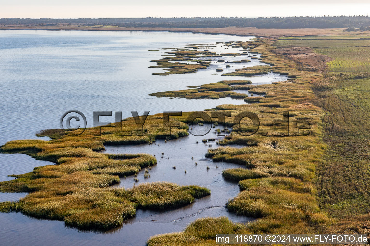 Vue aérienne de Côte à marée haute dans le parc national de la mer des Wadden, sur la mer du Nord, à Fanö à Fanø dans le département Syddanmark, Danemark