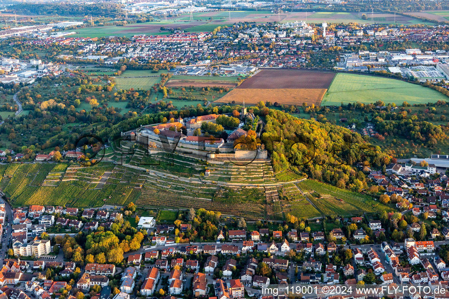 Vue aérienne de Ancienne forteresse, aujourd'hui hôpital correctionnel de Hohenasperg, sur un vignoble à Asperg dans le département Bade-Wurtemberg, Allemagne