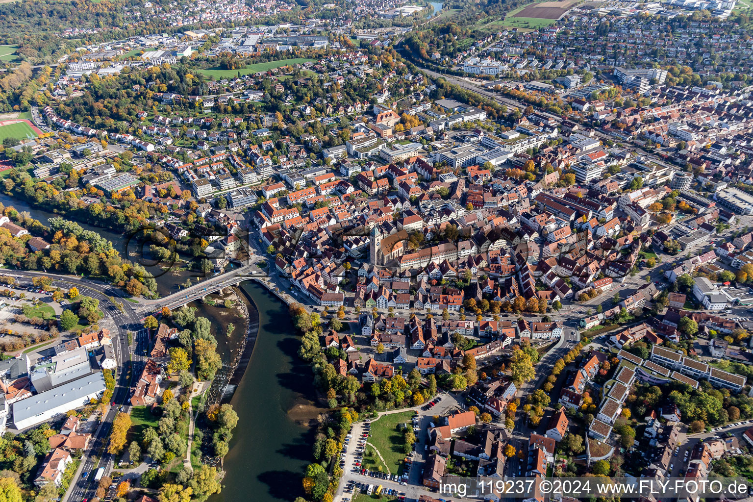 Vue oblique de Zone riveraine du fleuve Neckar à Nürtingen dans le département Bade-Wurtemberg, Allemagne