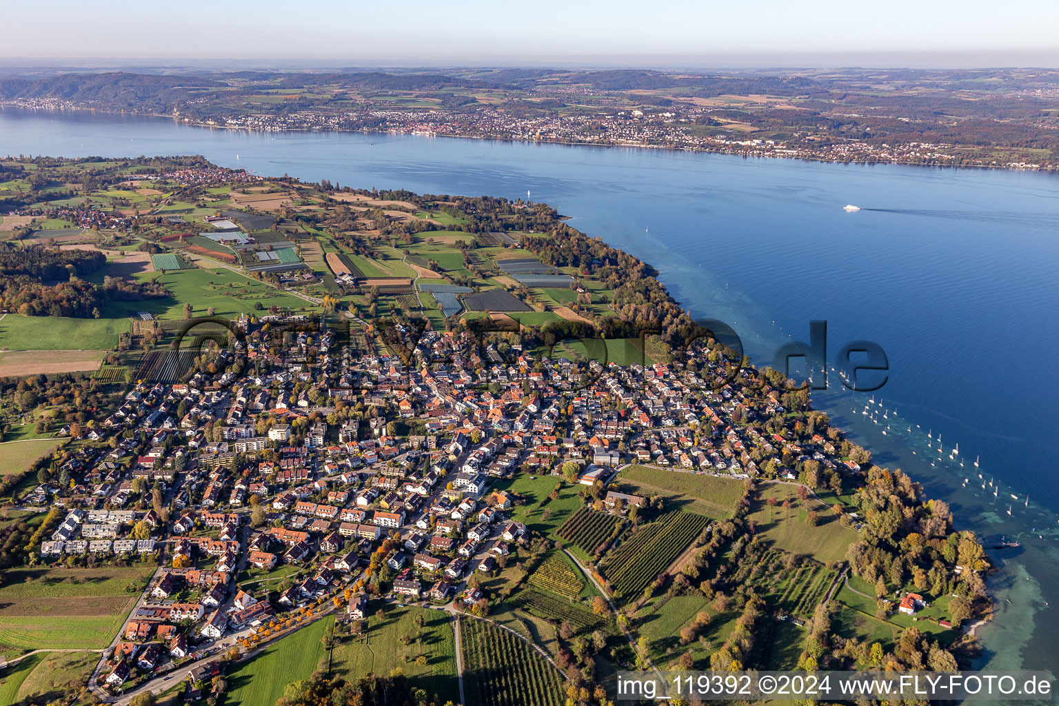 Vue aérienne de Zone riveraine du lac de Constance avec port de plaisance à le quartier Litzelstetten in Konstanz dans le département Bade-Wurtemberg, Allemagne