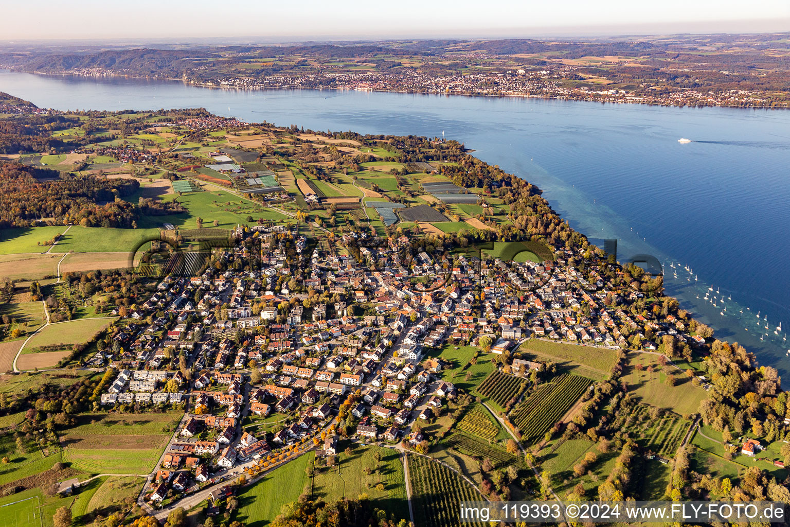 Vue aérienne de Zone riveraine du lac de Constance avec port de plaisance à le quartier Litzelstetten in Konstanz dans le département Bade-Wurtemberg, Allemagne