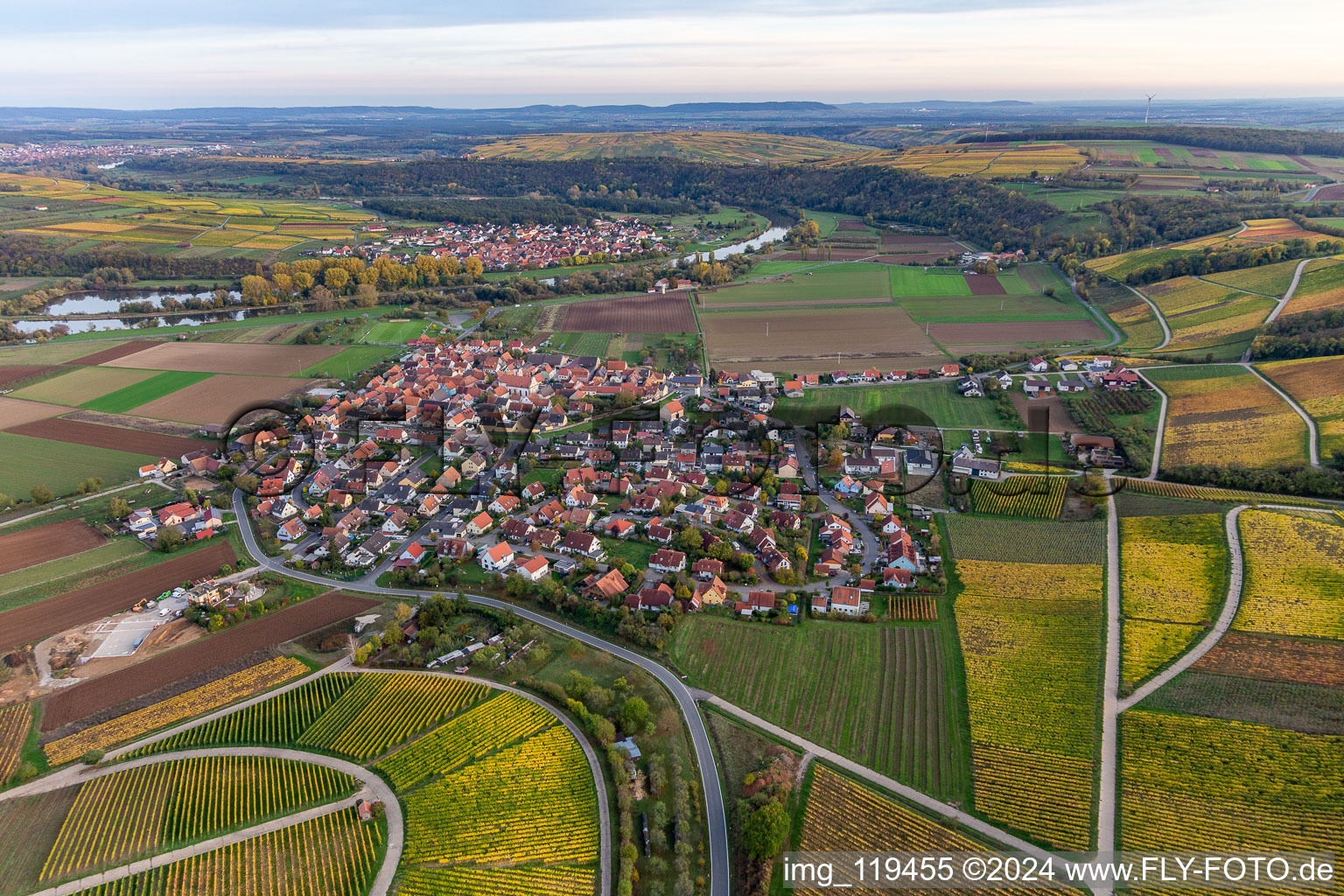 Vue aérienne de Zones riveraines du Main à le quartier Untereisenheim in Eisenheim dans le département Bavière, Allemagne