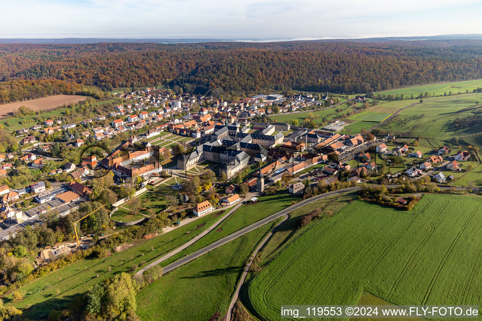 Photographie aérienne de Église monastique Ebrach, abbaye cistercienne à Ebrach dans le département Bavière, Allemagne