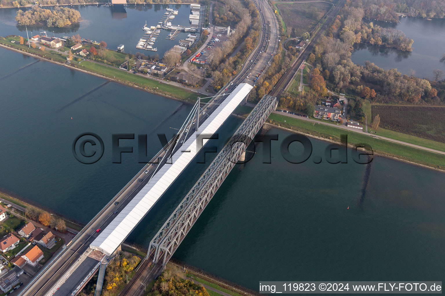 Vue aérienne de Chantier du pont sur le Rhin B10 à le quartier Knielingen in Karlsruhe dans le département Bade-Wurtemberg, Allemagne