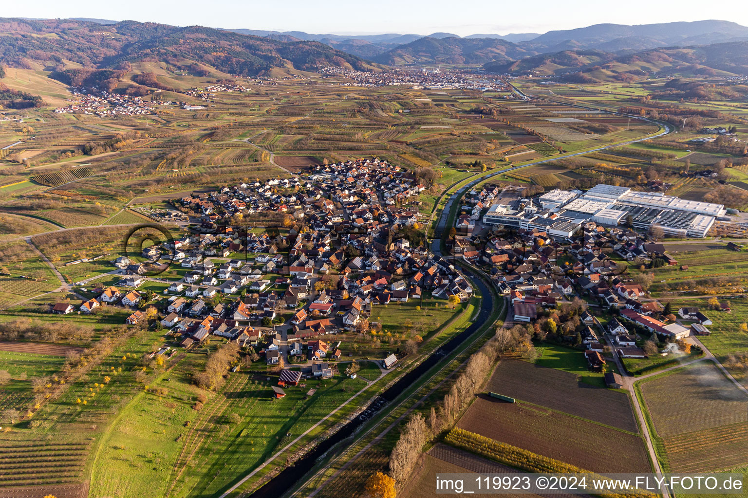 Vue aérienne de Superficies des berges du Rench en Stadelhofen à le quartier Stadelhofen in Oberkirch dans le département Bade-Wurtemberg, Allemagne