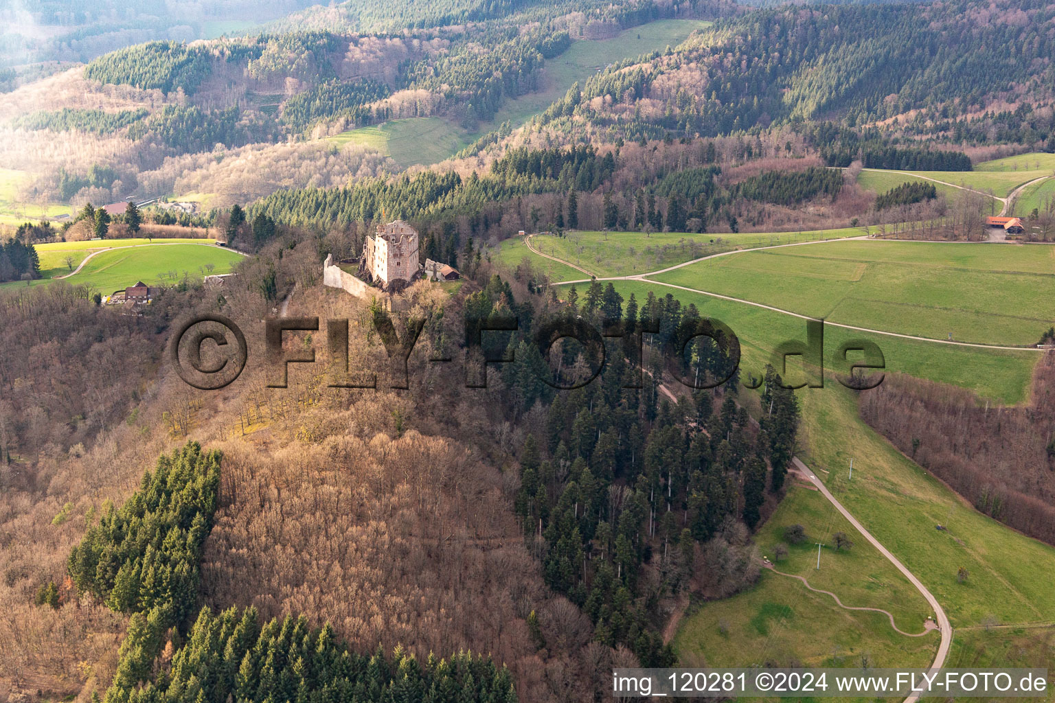 Vue aérienne de Ruines et vestiges des murs de l'ancien complexe du château et forteresse de Hohengeroldseck sur le Schloßberg à Seelbach dans le département Bade-Wurtemberg, Allemagne