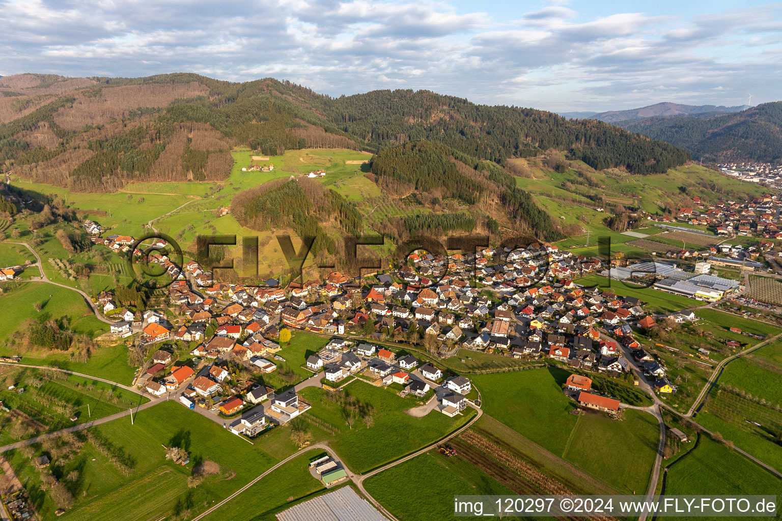 Vue aérienne de Les zones forestières et les zones forestières entourent la zone d'habitation du village en Bollenbach à le quartier Bollenbach in Haslach im Kinzigtal dans le département Bade-Wurtemberg, Allemagne