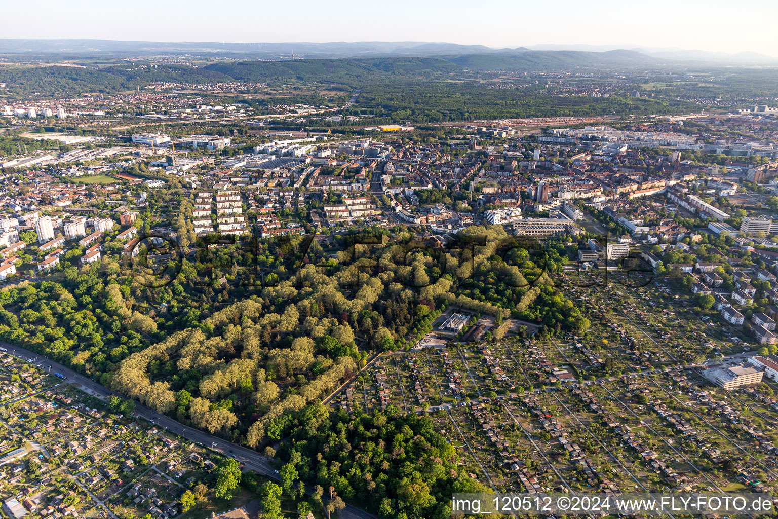 Vue aérienne de Association des jardins familiaux Hagsfelder Allee eV et cimetière principal à le quartier Oststadt in Karlsruhe dans le département Bade-Wurtemberg, Allemagne