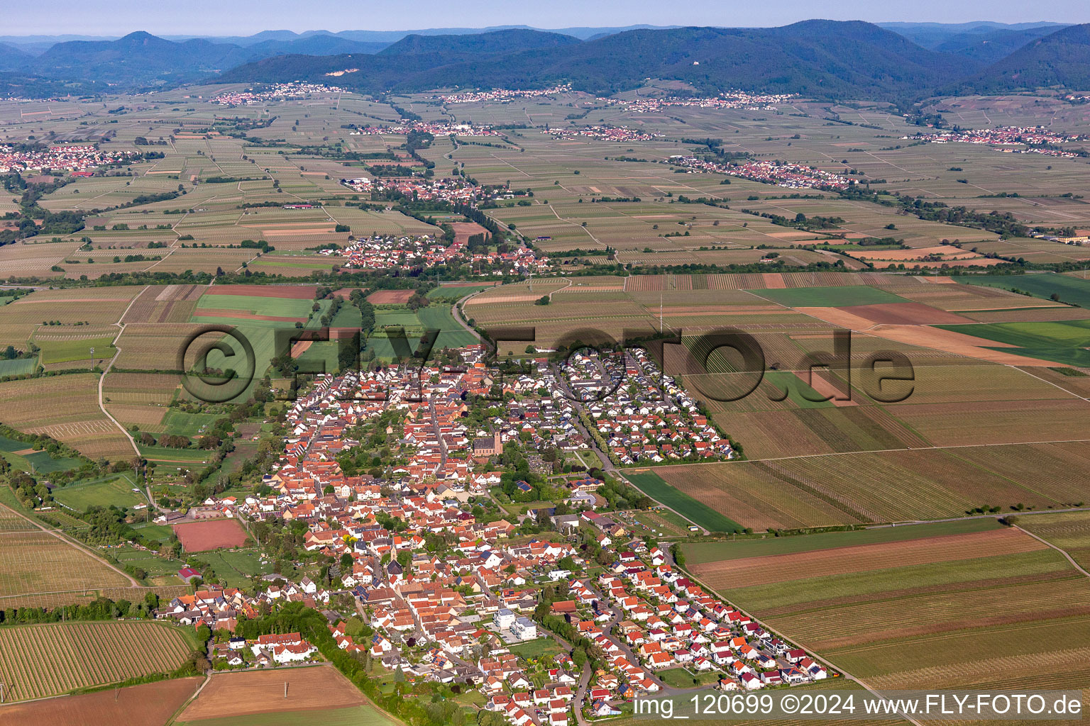 Vue aérienne de Champs agricoles et surfaces utilisables à Essingen dans le département Rhénanie-Palatinat, Allemagne