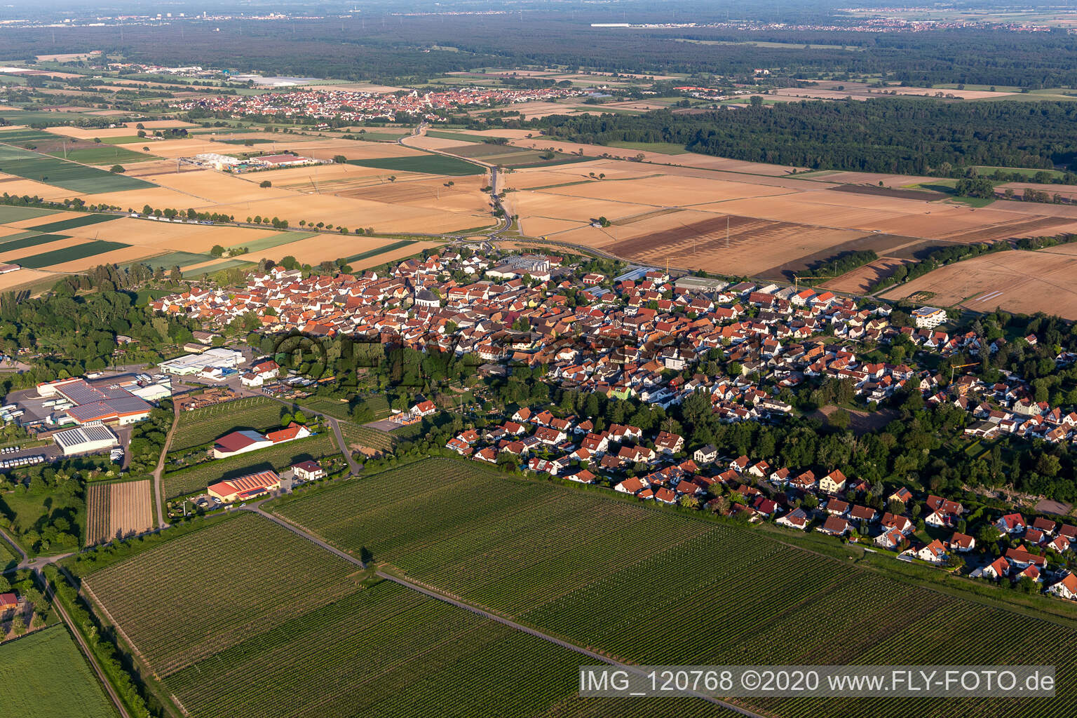 Vue aérienne de Vue de la ville en bordure des champs et zones agricoles de Niederhochstadt à Hochstadt dans le département Rhénanie-Palatinat, Allemagne