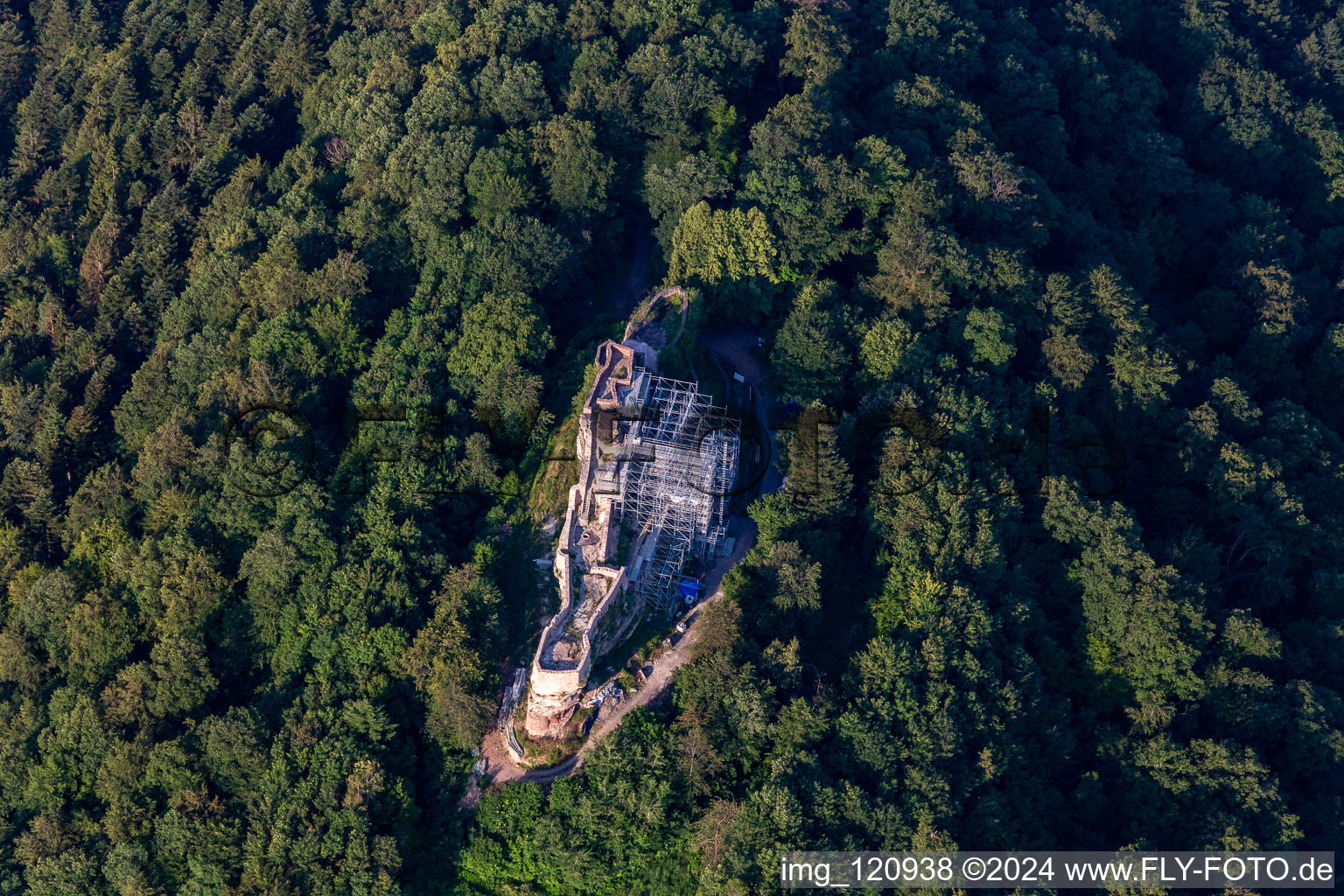 Vue aérienne de Ruines et vestiges de la muraille des ruines de Wegelnburg (Palatinat) à Schönau dans le département Rhénanie-Palatinat, Allemagne