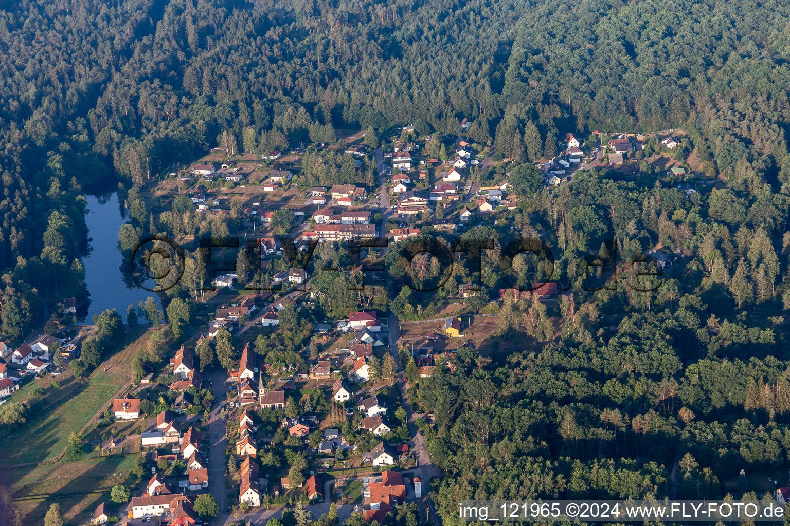 Vue aérienne de Rösselbach Sägmühlweiher à Ludwigswinkel dans le département Rhénanie-Palatinat, Allemagne