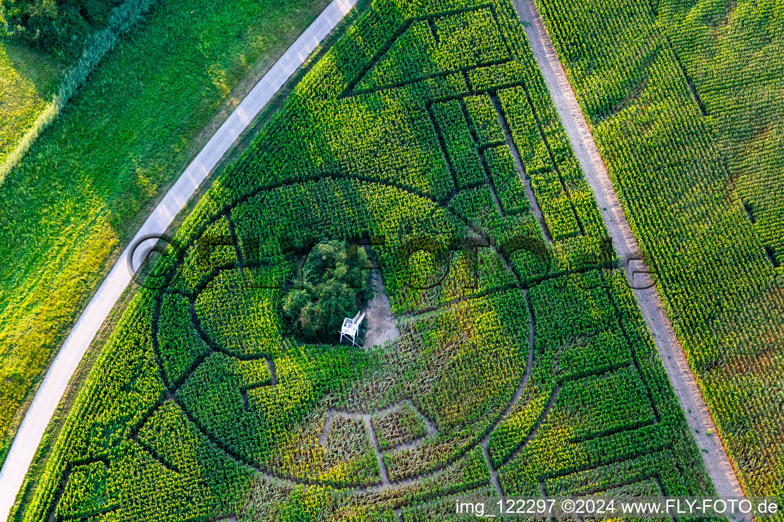 Vue aérienne de Labyrinthe - labyrinthe de maïs au Hofcafee Onkel Oskar de Bolz Landhandel GmbH dans un champ à le quartier Rußheim in Dettenheim dans le département Bade-Wurtemberg, Allemagne