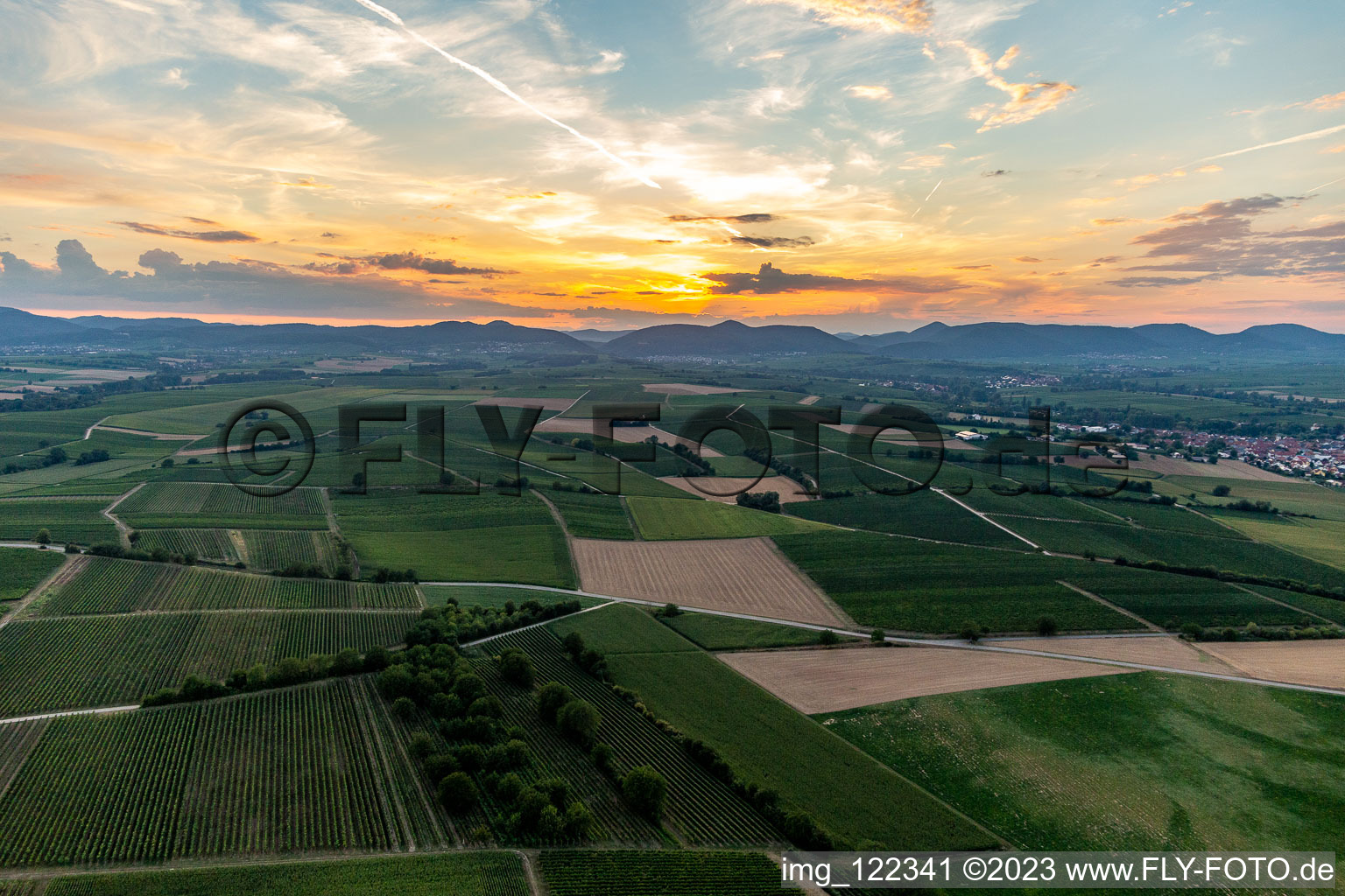 Vue aérienne de Coucher de soleil au Haardtrand à le quartier Ingenheim in Billigheim-Ingenheim dans le département Rhénanie-Palatinat, Allemagne