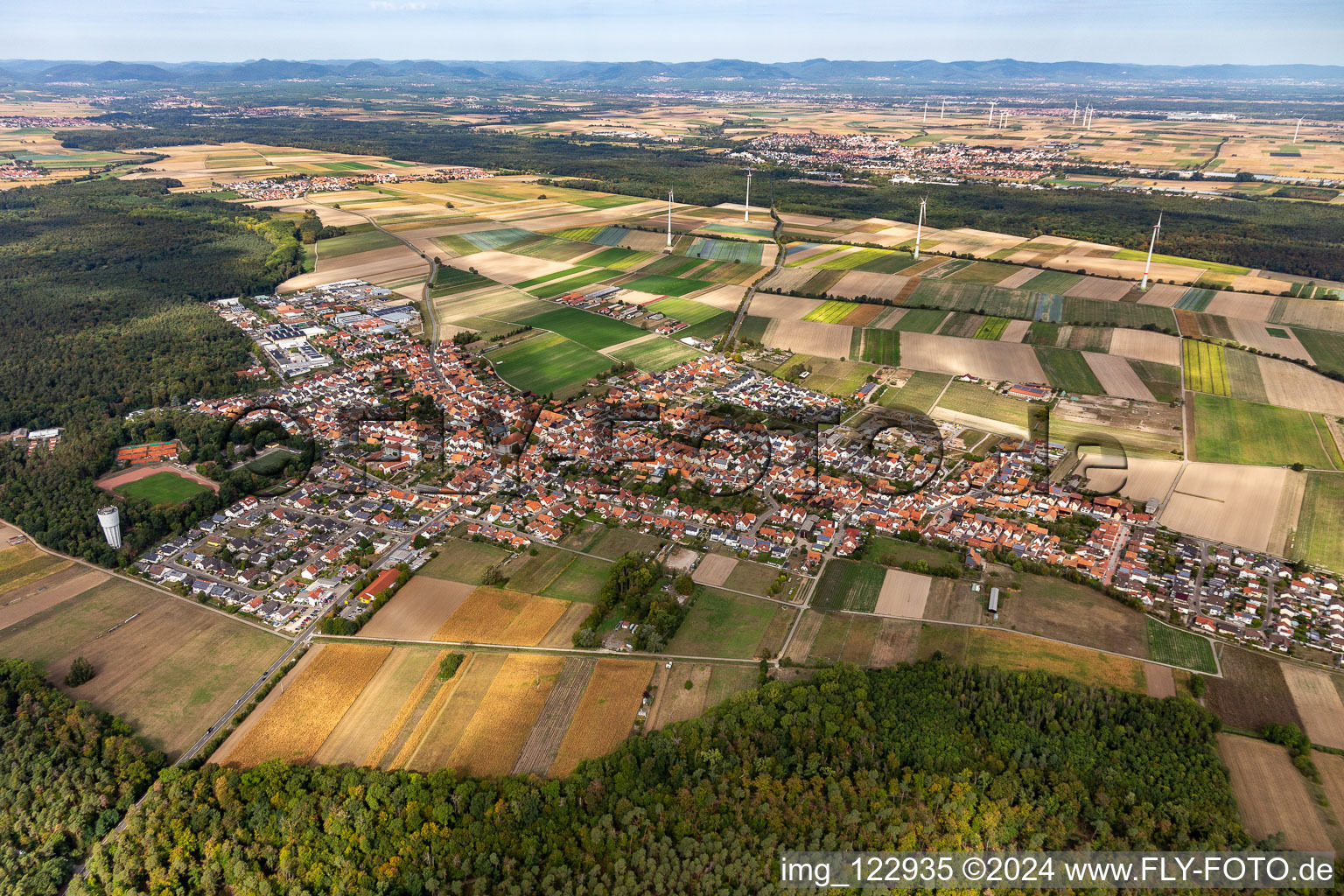 Vue aérienne de Vue sur la commune en bordure de champs agricoles et de zones agricoles à Hatzenbühl dans le département Rhénanie-Palatinat, Allemagne