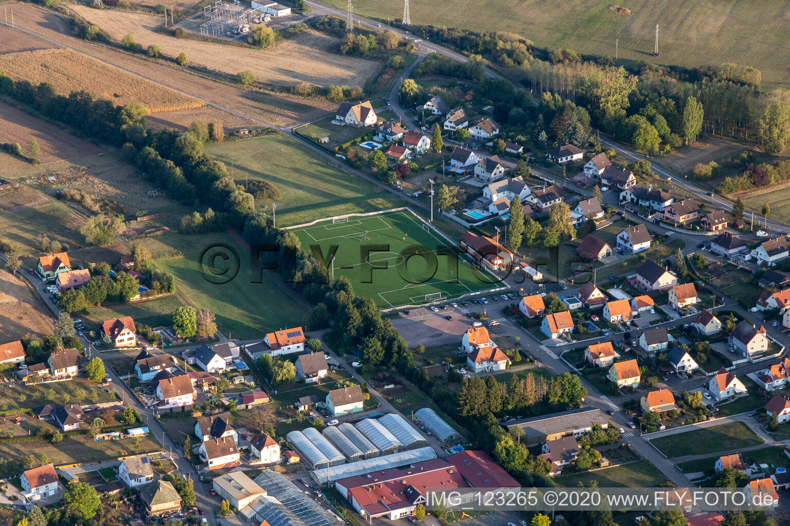 Vue aérienne de Stade du Seltzbach - USP à Preuschdorf dans le département Bas Rhin, France