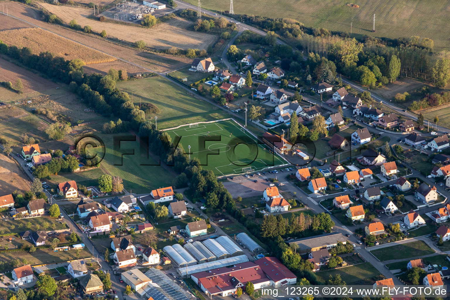 Vue aérienne de Stade du Seltzbach - USP à Preuschdorf dans le département Bas Rhin, France