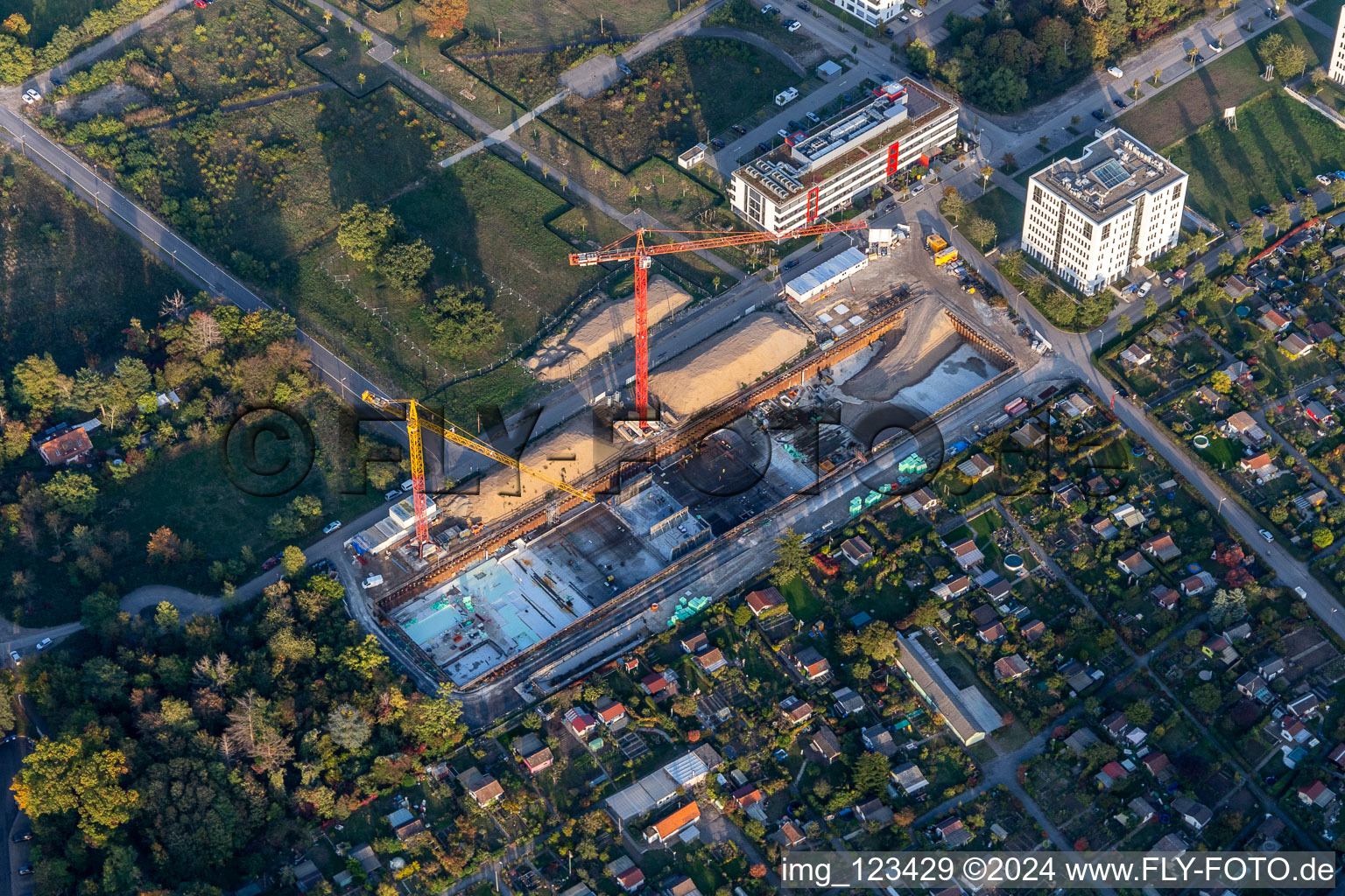 Photographie aérienne de Chantier de construction dans le parc technologique à le quartier Rintheim in Karlsruhe dans le département Bade-Wurtemberg, Allemagne