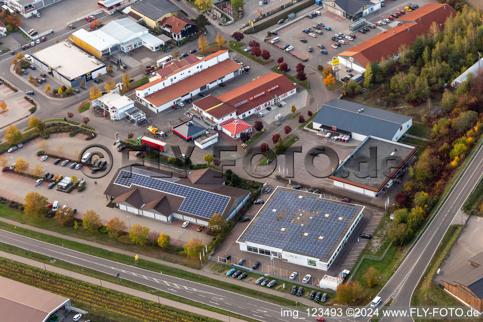 Vue aérienne de Schuh One, ALDI et Autohaus Euler à Bad Bergzabern dans le département Rhénanie-Palatinat, Allemagne