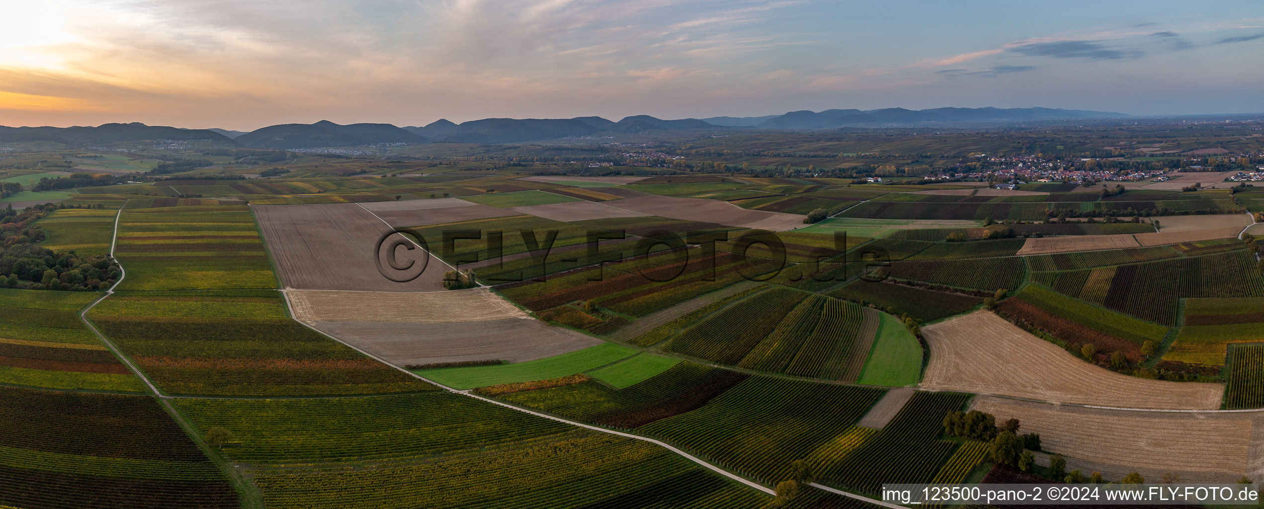 Vue aérienne de Vue aérienne panoramique d'automne de Klingbachtal entre des champs colorés d'automne devant le Haardtrand au coucher du soleil à Billigheim-Ingenheim à Niederhorbach dans le département Rhénanie-Palatinat, Allemagne