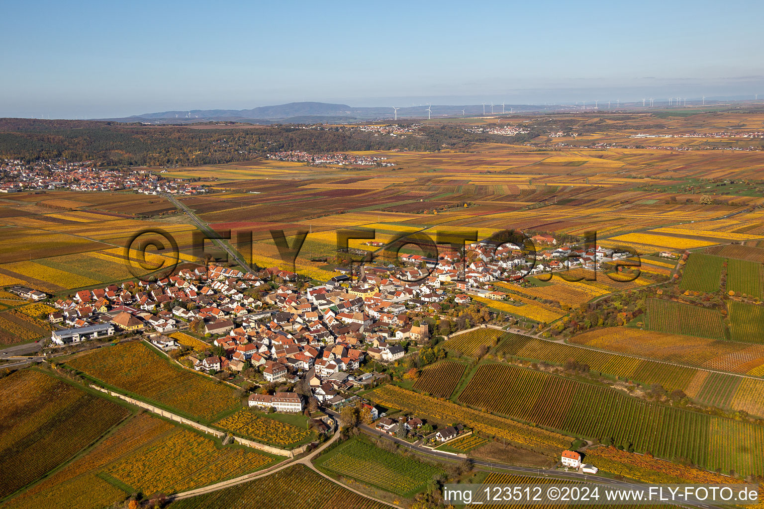 Vue aérienne de Vue sur la végétation automnale décolorée des vignes autour du village vigneron à le quartier Herxheim in Herxheim am Berg dans le département Rhénanie-Palatinat, Allemagne