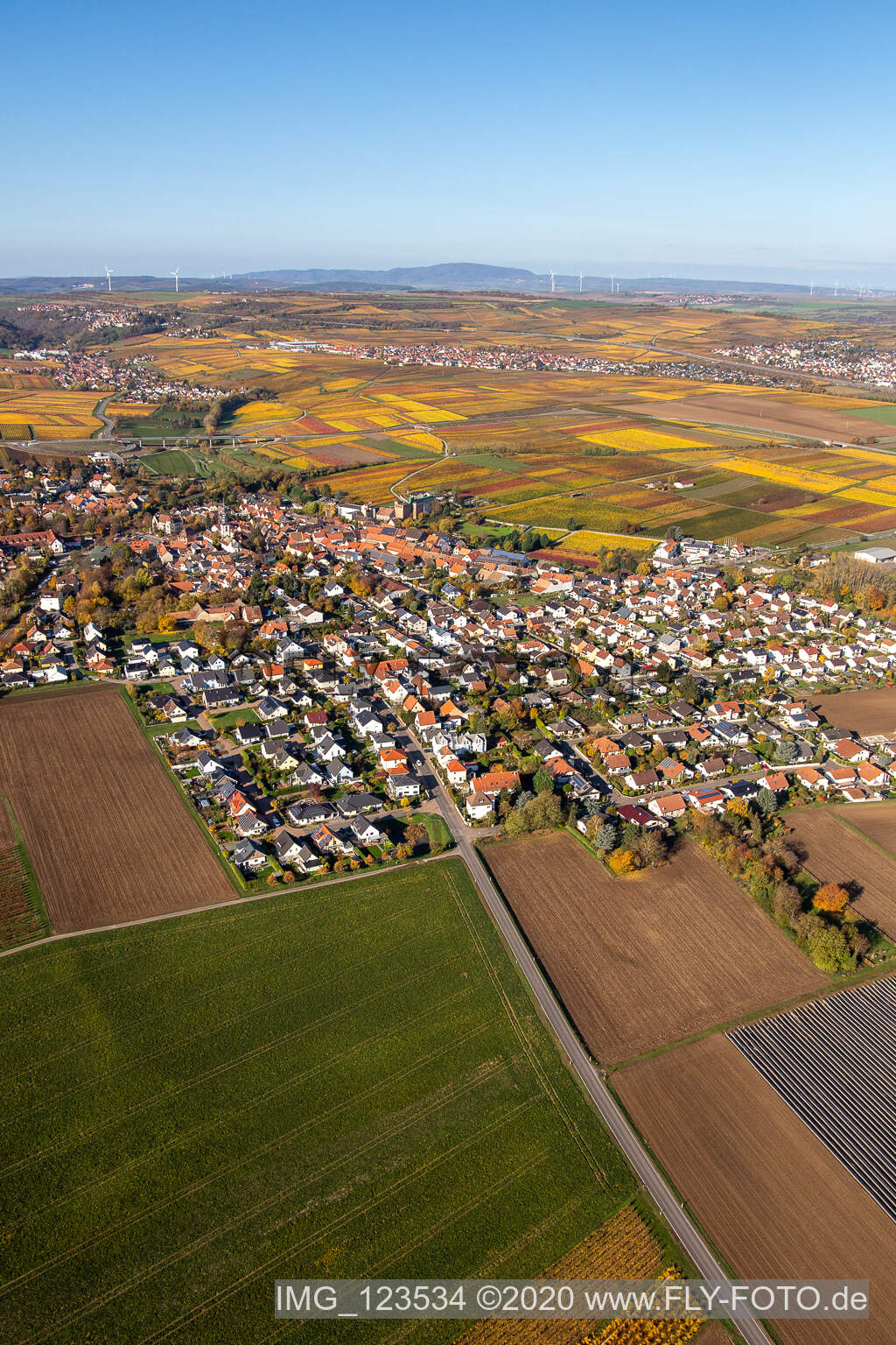 Photographie aérienne de Vue automnale du village décoloré à Kirchheim an der Weinstraße dans le département Rhénanie-Palatinat, Allemagne