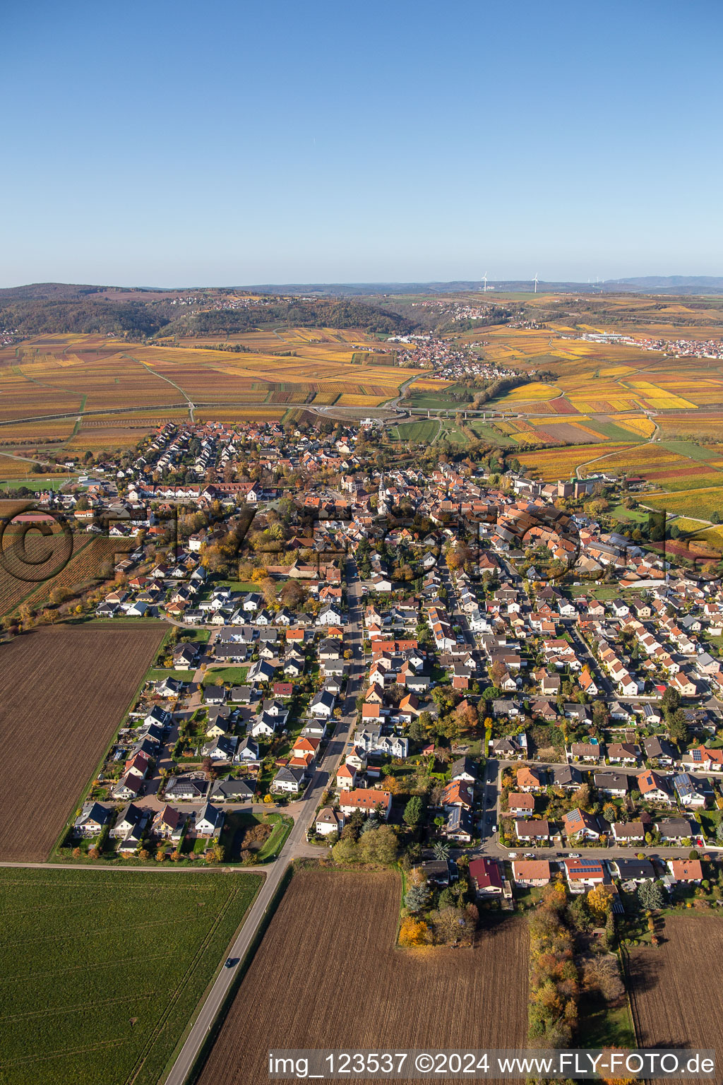 Vue oblique de Vue automnale du village décoloré à le quartier Jerusalemsberg in Kirchheim an der Weinstraße dans le département Rhénanie-Palatinat, Allemagne