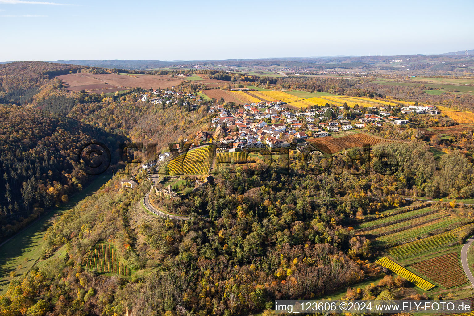 Vue aérienne de Village décoloré automnal - vue (Palatinat) à Battenberg dans le département Rhénanie-Palatinat, Allemagne
