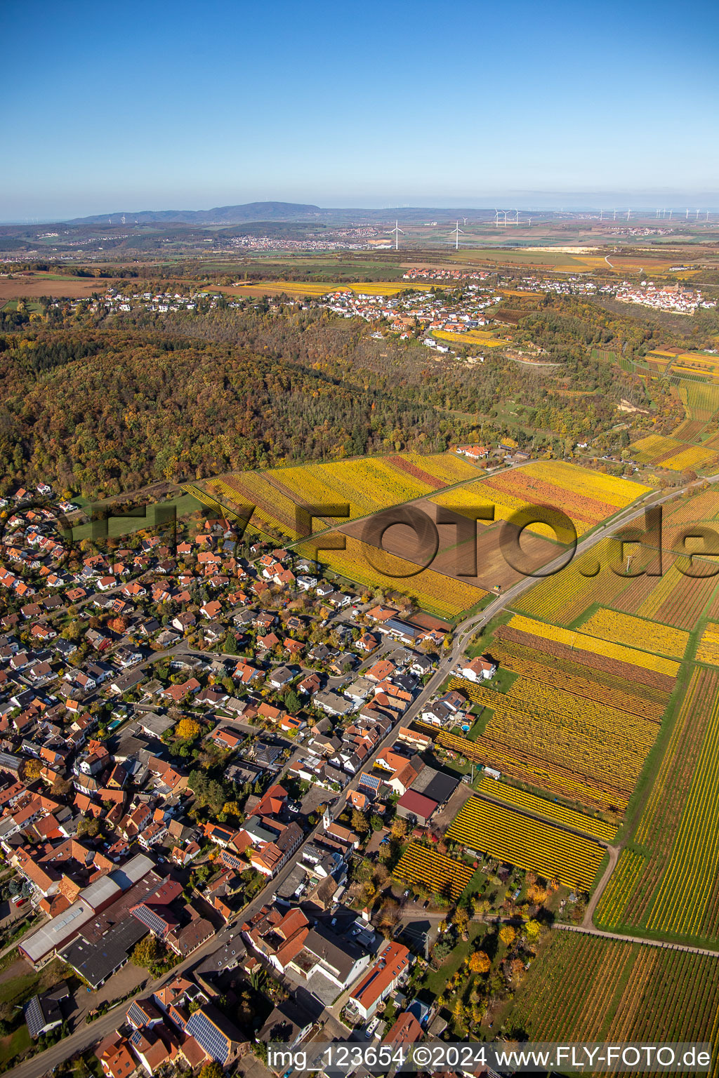 Vue aérienne de Centre du village en bordure des vignes et des domaines vignerons du terroir viticole à le quartier Bobenheim in Bobenheim am Berg dans le département Rhénanie-Palatinat, Allemagne