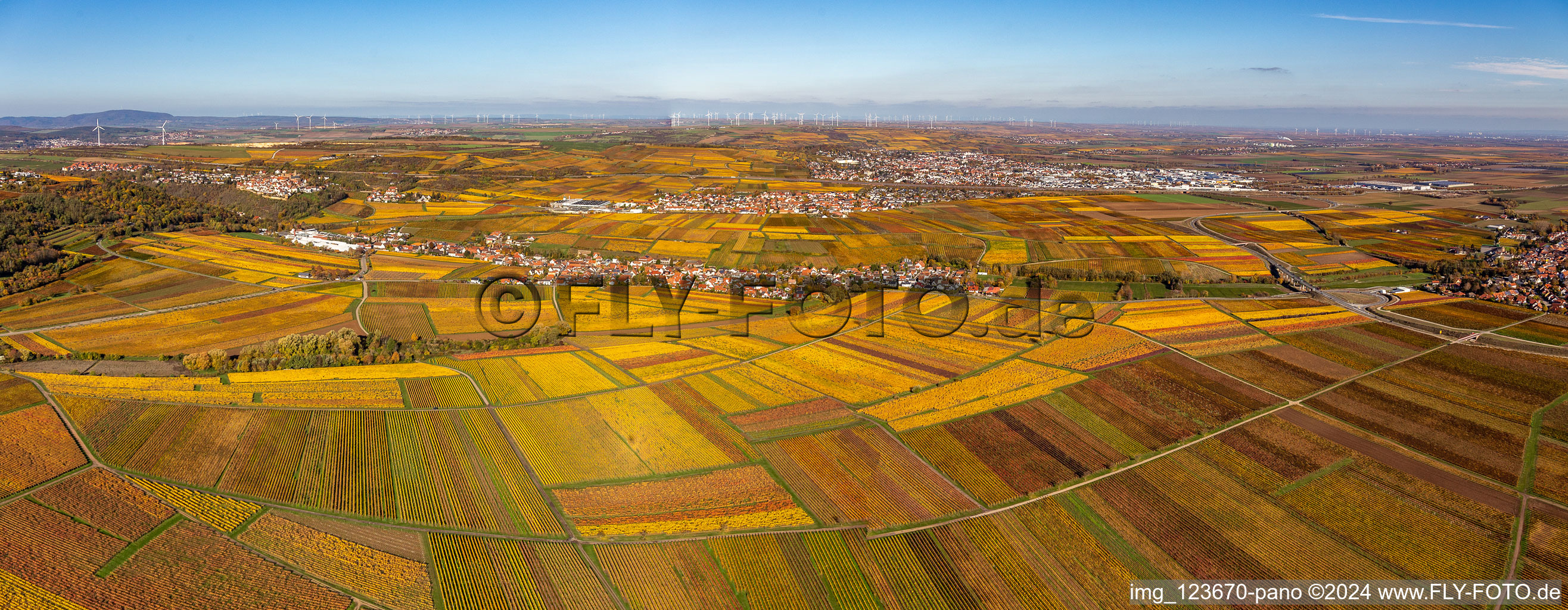 Vue aérienne de Perspective panoramique de la vue automnale du village décoloré à Kleinkarlbach dans le département Rhénanie-Palatinat, Allemagne