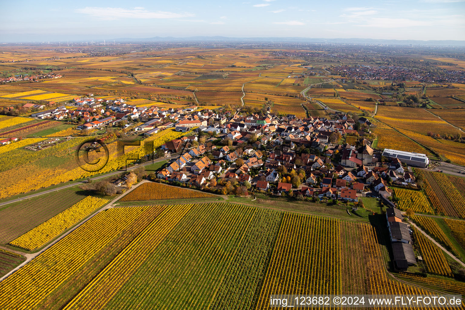 Photographie aérienne de Vue sur la végétation automnale décolorée des vignes autour du village vigneron à le quartier Herxheim in Herxheim am Berg dans le département Rhénanie-Palatinat, Allemagne